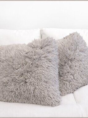 Set of 2 Gray Faux Fur Shag Throw Pillows 18” | Soft Plush Celebrity Style